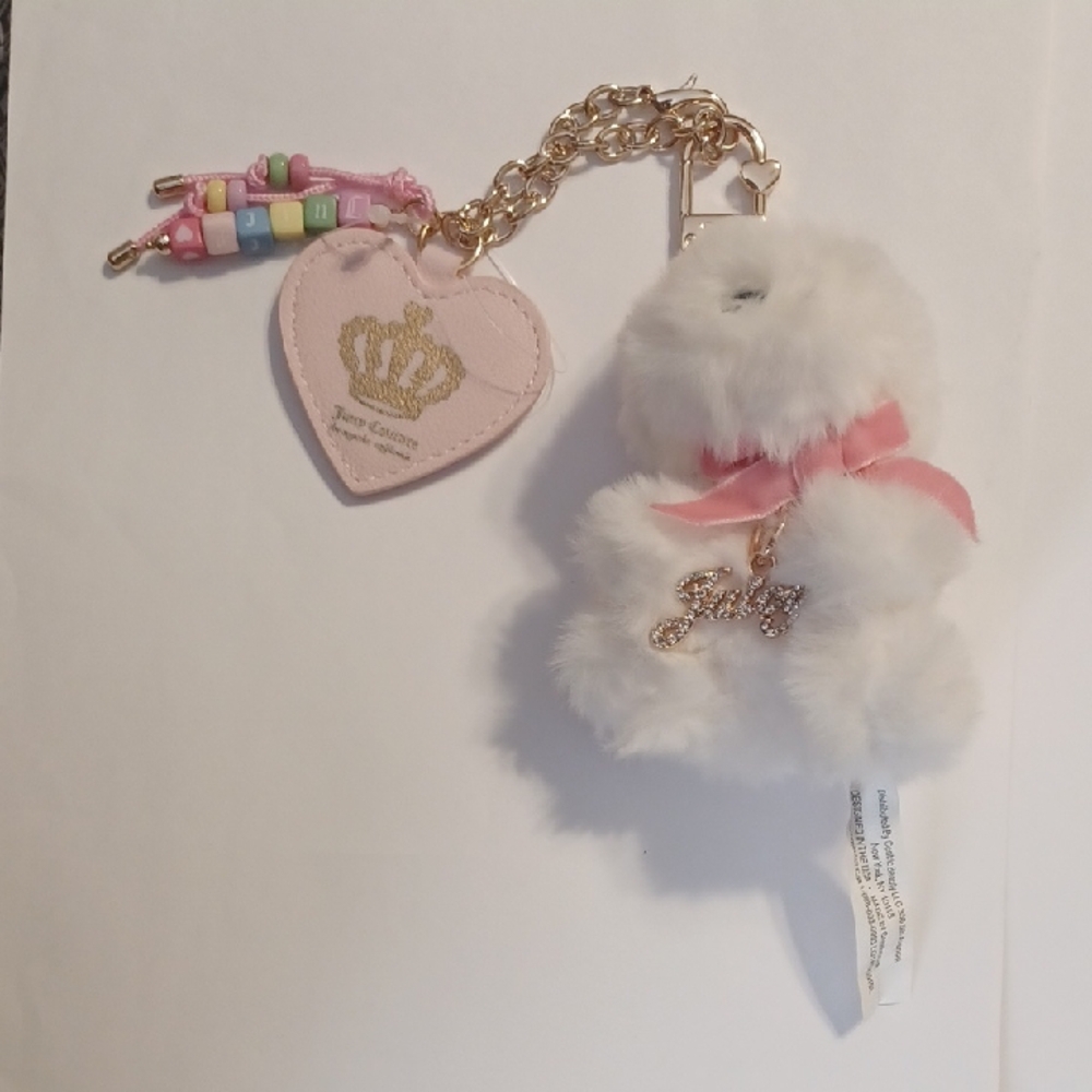 NWOT Juicy Couture Pink & White Plush Teddy Keychain Bag Charm